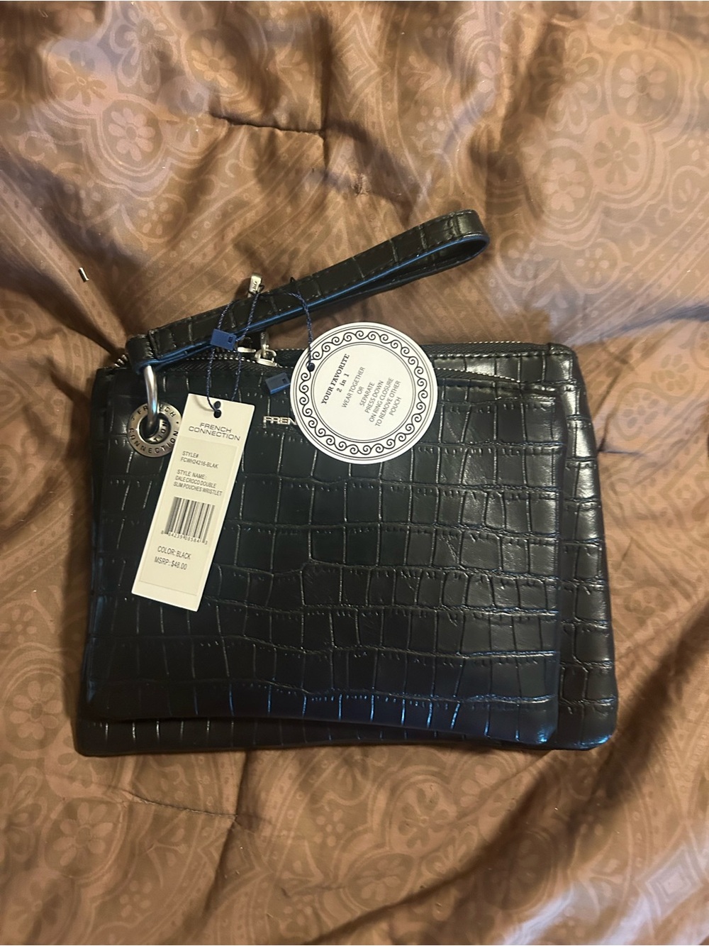 French Connection Black Croc-Embossed Slim  double Wristlet with Ring Detail